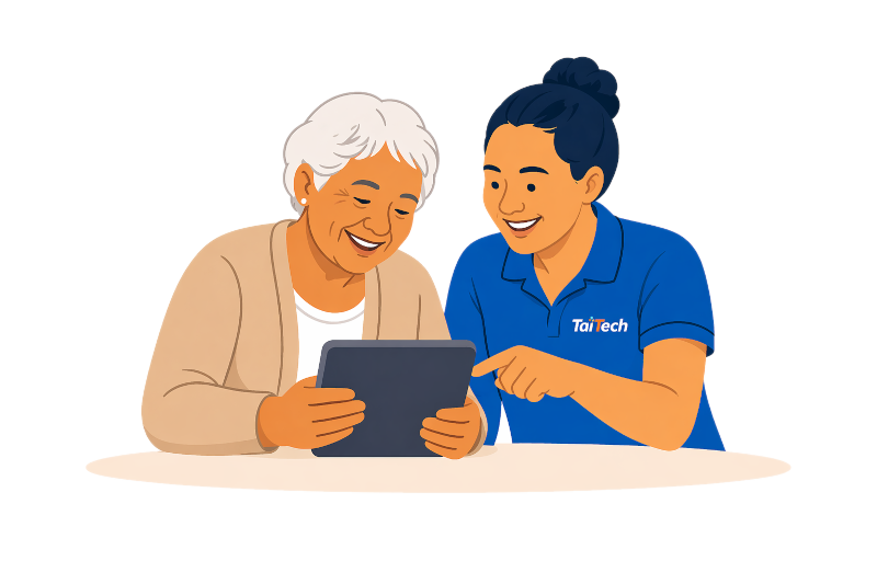 Two people learning together with a tablet