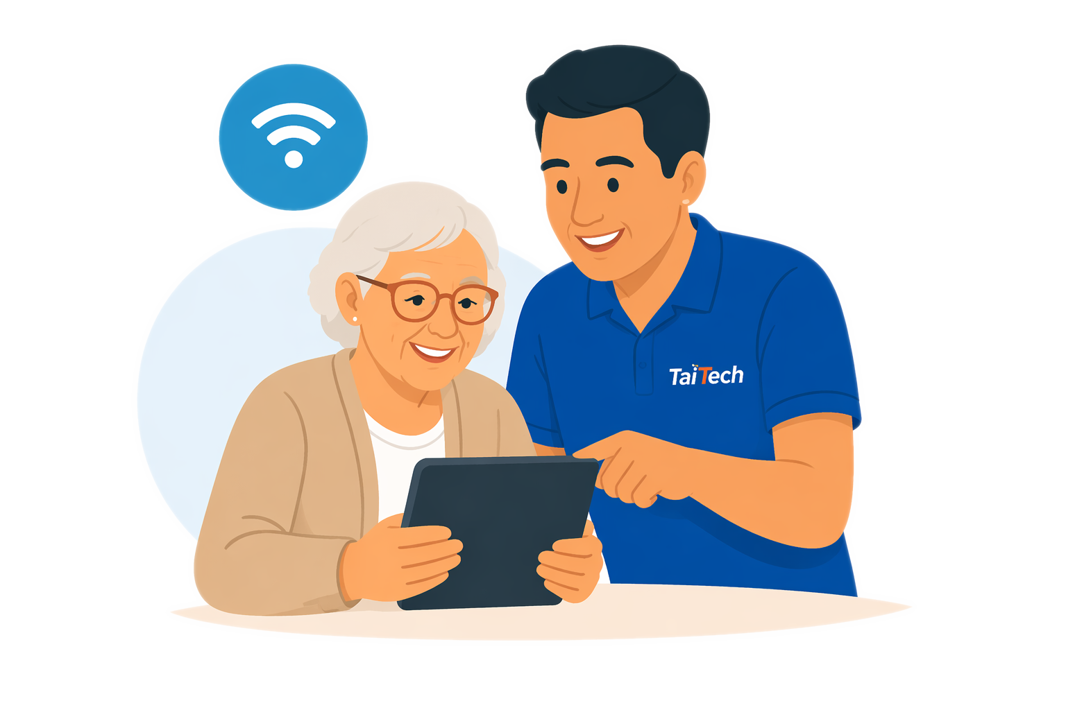 TaiTech staff member helping a senior use a tablet